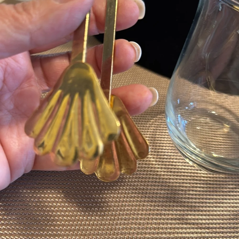 Vintage Italian etched crystal sugar cube bucket with gold tone handle & tongs